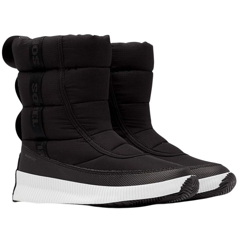 Sorel Out and About Mid Puffer Boots Womens 6.5 Black White EUC